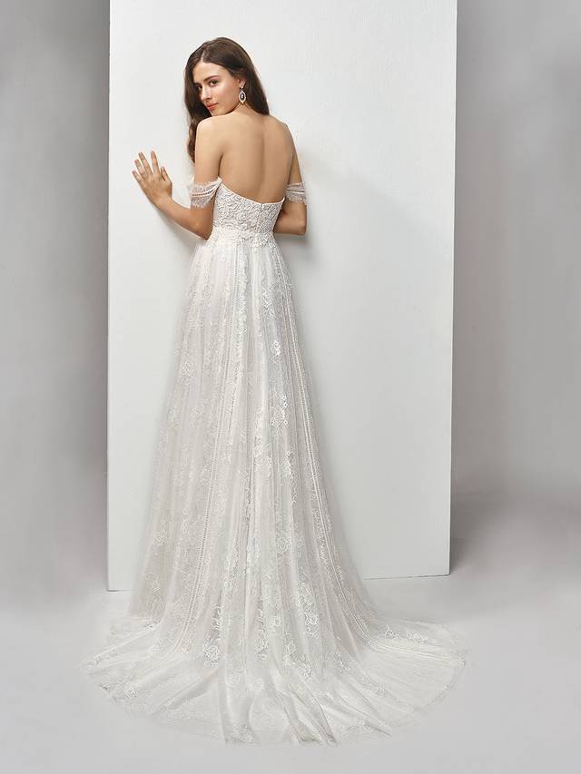 Code: Enzoani Beautiful BT19-07 Code: Enzoani Beautiful BT19-07 Modern form meets classic, romantic detailing in this full-length, A-line gown with a deep sweetheart neckline. The chantilly and sequin embroidered lace paired with soft, flowing tulle results in the sweetest of contemporary styles accented with delicate off-the-shoulder sleeves.Colour Options : Ivory/Beige Or Ivory/Ivory