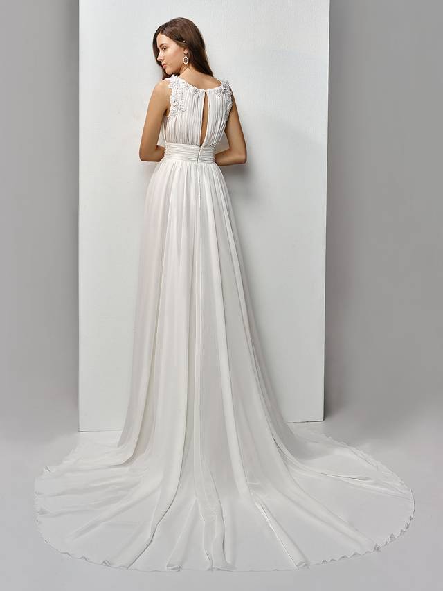 Code: Enzoani Beautiful BT19-13 Code: Enzoani Beautiful BT19-13 Channel your inner Grecian goddess in this full-length, A-line gown made of the softest light chiffon. Beaded, embroidered lace on 3D floral motifs gently drape down the shoulders to form a sweet peek-a-boo keyhole back to complement the sweetheart bateau neckline. A band of chiffon at the waist cinches and flatters the figure while an invisible back zipper closure provides a seamless finishing touch.Colour Options: Ivory