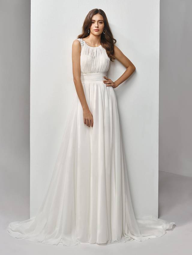 Code: Enzoani Beautiful BT19-13 Code: Enzoani Beautiful BT19-13 Channel your inner Grecian goddess in this full-length, A-line gown made of the softest light chiffon. Beaded, embroidered lace on 3D floral motifs gently drape down the shoulders to form a sweet peek-a-boo keyhole back to complement the sweetheart bateau neckline. A band of chiffon at the waist cinches and flatters the figure while an invisible back zipper closure provides a seamless finishing touch.Colour Options: Ivory