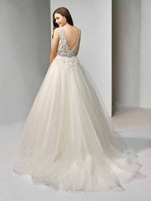 Code: Enzoani Beautiful BT19-26 Code: Enzoani Beautiful BT19-26 Picture-perfect and fairytale-worthy. This full-length, A-line gown features a plunging V-neckline and matching low V-back adorned with sparkling sequin embroidered lace. A band design at the waist creates a cinching effect to flatter the figure, while the full tulle skirt is sure to enchant as you come and go down the aisle.Colour Options : Ivory/Beige OR Ivory/Ivory