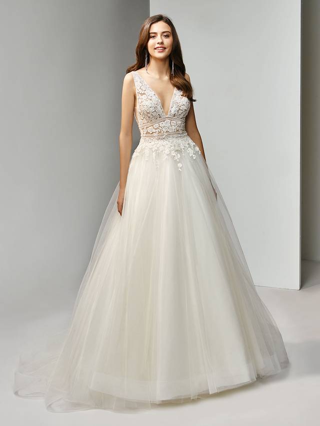 Code: Enzoani Beautiful BT19-26 Code: Enzoani Beautiful BT19-26 Picture-perfect and fairytale-worthy. This full-length, A-line gown features a plunging V-neckline and matching low V-back adorned with sparkling sequin embroidered lace. A band design at the waist creates a cinching effect to flatter the figure, while the full tulle skirt is sure to enchant as you come and go down the aisle.Colour Options : Ivory/Beige OR Ivory/Ivory