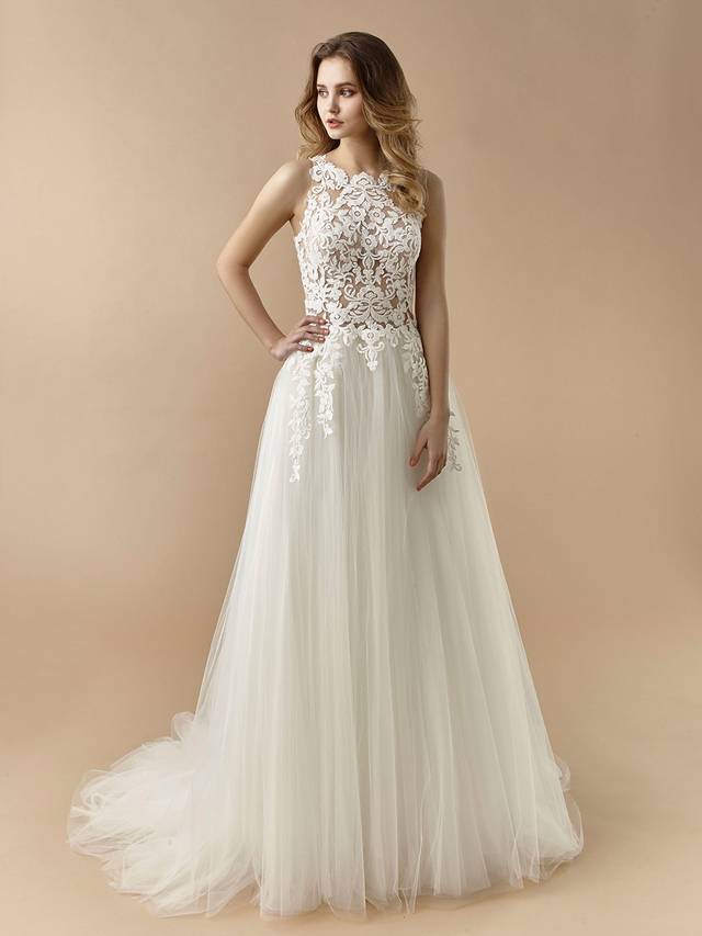 Code: Enzoani Beautiful BT20-10 Code: Enzoani Beautiful BT20-10 Sweet and romantic, this A-line gown features a gorgeous high-neck illusion lace bodice. A jaw-dropping illusion back features covered buttons trailing down the centre, while delicate lace appliques trickle down to the top of the dreamiest tulle skirt.Colour Options: Ivory/Nude OR Ivory/Ivory