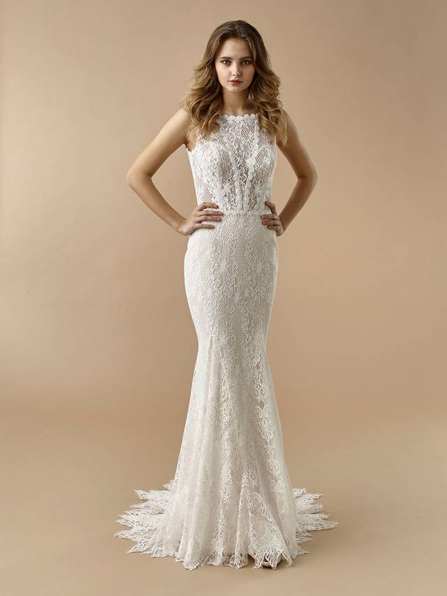 Code: Enzoani Beautiful BT20-22 Code: Enzoani Beautiful BT20-22 Playful, whimsical and chic, this mermaid gown features a high illusion neckline to highlight gorgeous vintage overlace. A modern twist is added with its edgy keyhole back, finished with covered buttons and an invisible zipper.Colour Options: Ivory/Latte OR Ivory/Beige OR Ivory/Ivory