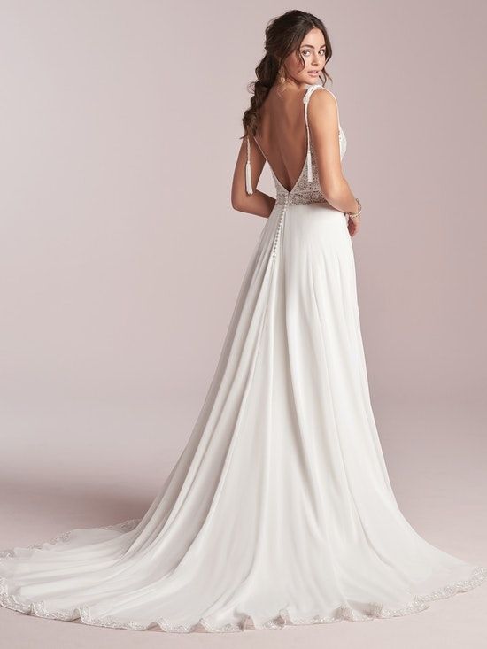 Code: Rebecca Ingram - Jolie - IN STUDIO It's a tricky thing to look delicate and effortless simultaneously, but the payoff is spectacular-á la this chiffon sheath wedding dress in soft lace and heavenly chiffon.Colour Options: Ivory 